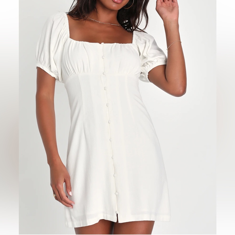 Lulus Sweetest Darling White Linen Puff Sleeve Button-Up Mini Dress Large NEW